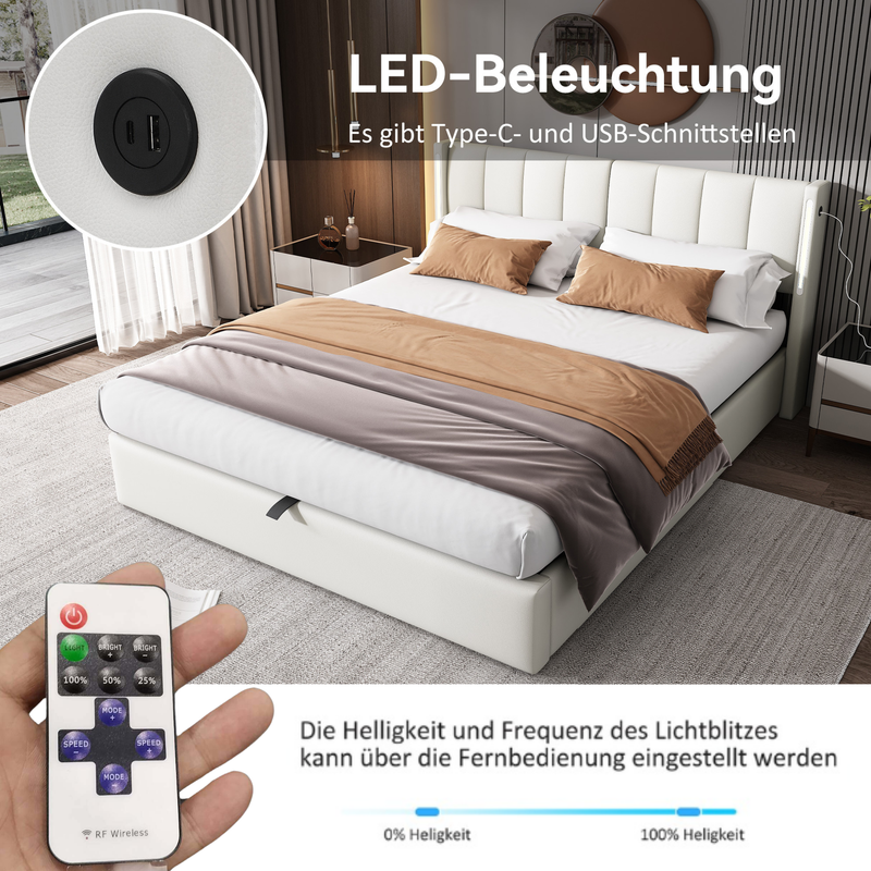 Lit rembourré LED binaural 160 x 200 cm, lit coffre hydraulique avec tête de lit réglable, port USB rechargeable, éclairage LED, texture pierre PU, blanc_voghion.com