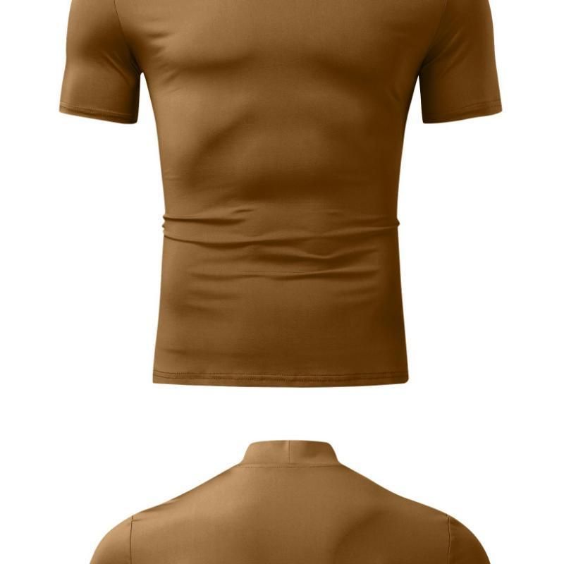 2024 Herbst Winter Stehkragen Kurzarm T-Shirt Herren Basishemd Einfarbiges Oberteil_voghion.com