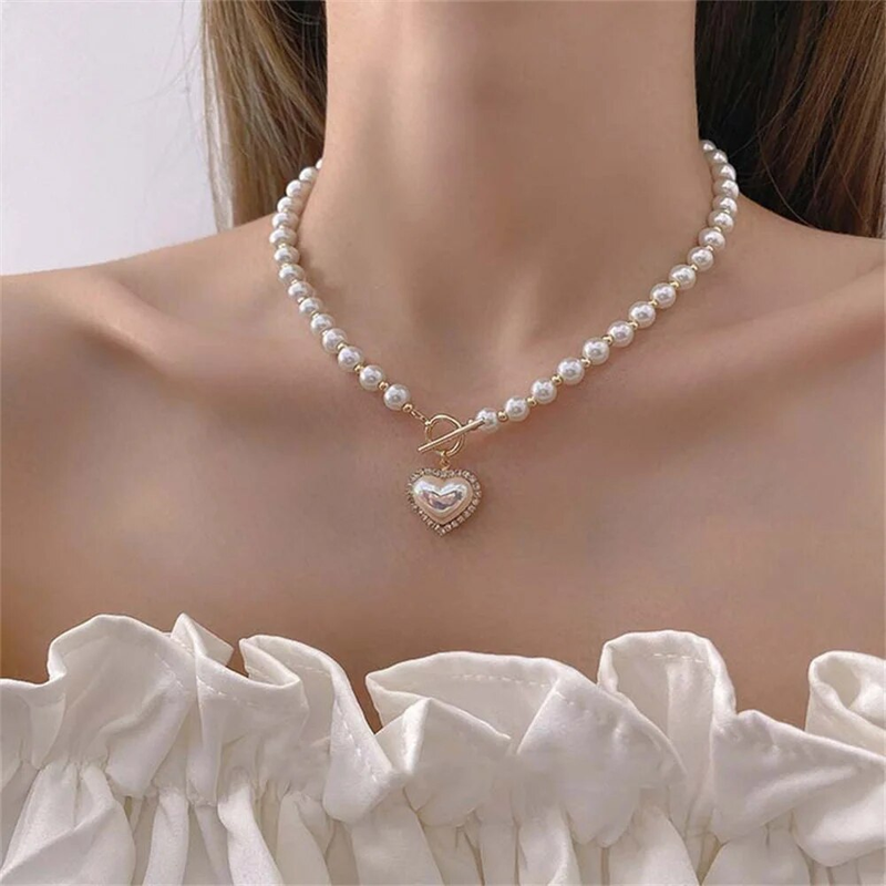 2025 Novi prihodi Retro biseri ključnica verižica Choker modna zlata barva ljubezen srce obesek ogrlica za ženske preprosta zabava_voghion.com