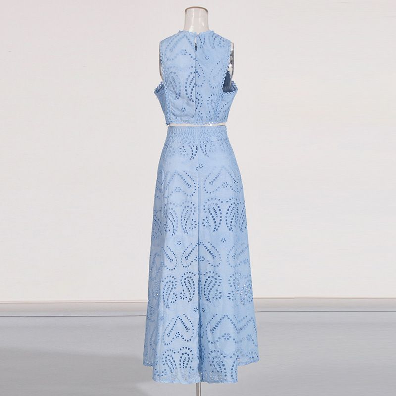 Vêtements pour femmes, col rond, gilet sans manches, taille haute, jupe brodée, costume deux pièces_voghion.com