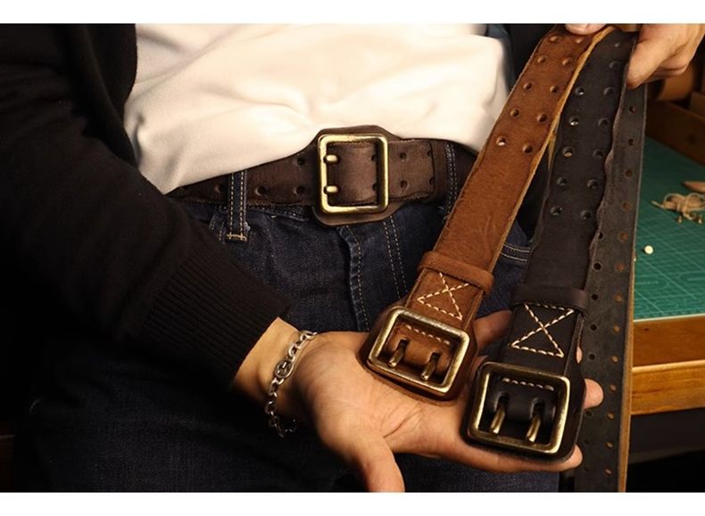 HOT Original Handmade Double-needle Buckle Men's Washed Water Made Old ho Jeans Genuine Leather y2k Army Tactical Belt_voghion.com