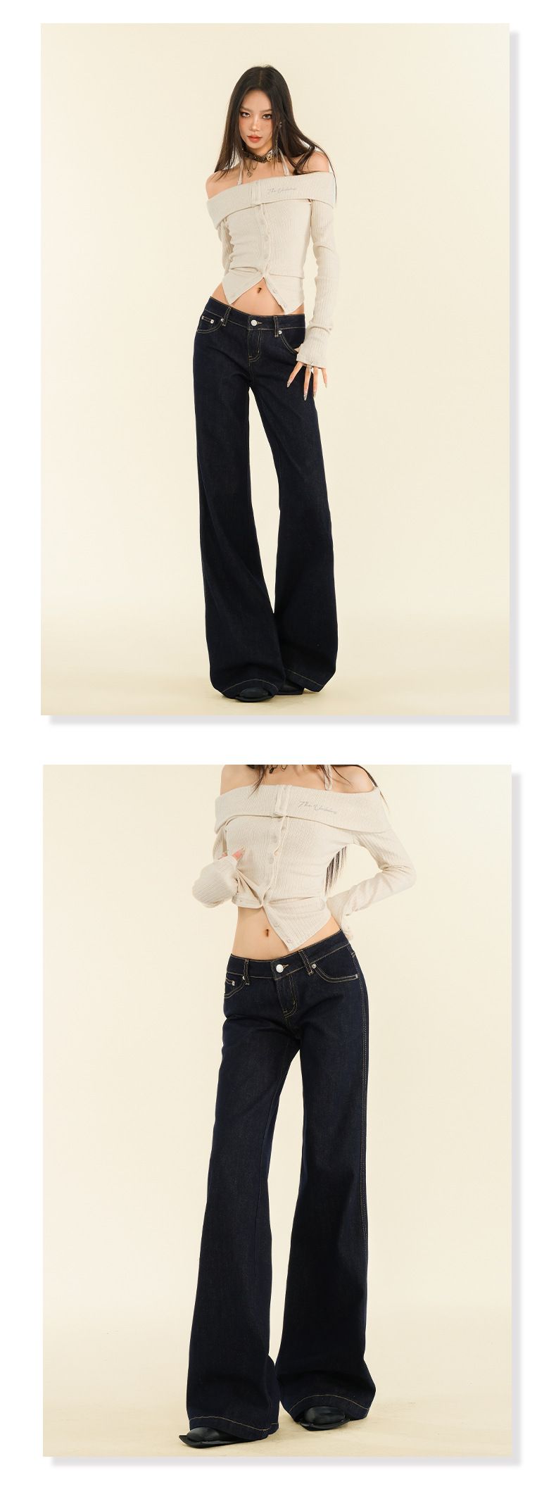Vintage donkerblauwe low-rise flared jeans voor dames - rekbare katoenen bootcut-broek met distressed wash, hoge taille, slanke pasvorm en comfortabele broek_voghion.com