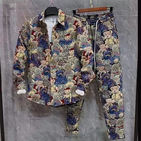 Pomlad 2024 Nov personaliziran priložnostni komplet za moške majice z vezenim polo ovratnikom z malim medvedom, neumno eleganten, vsestranski in_voghion.com
