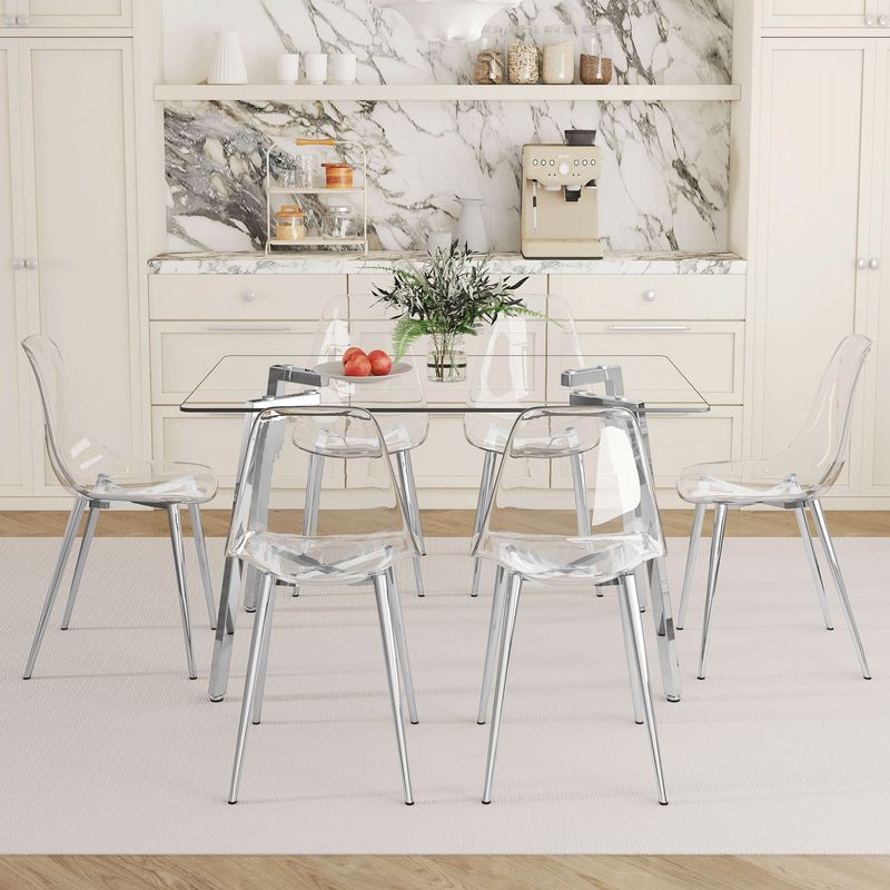 Table And Chair Set.51 * 31.5 Inch Silver Leg Glass Dining Table With 6 Transparent Dining Chairs: A Stylish Combination That Showcases Elegant Style._voghion.com