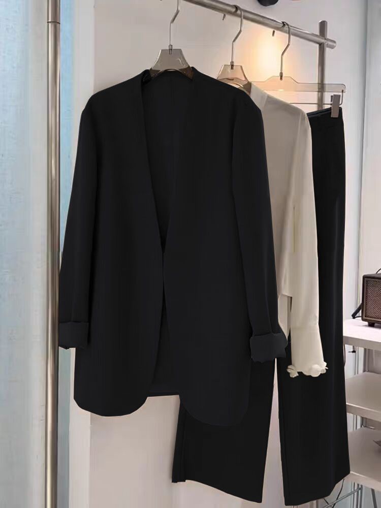 Conjunto de traje de talla grande para mujer, primavera y otoño, holgado, informal, formal, de dos piezas, con pantalones anchos y blazer pequeño._voghion.com