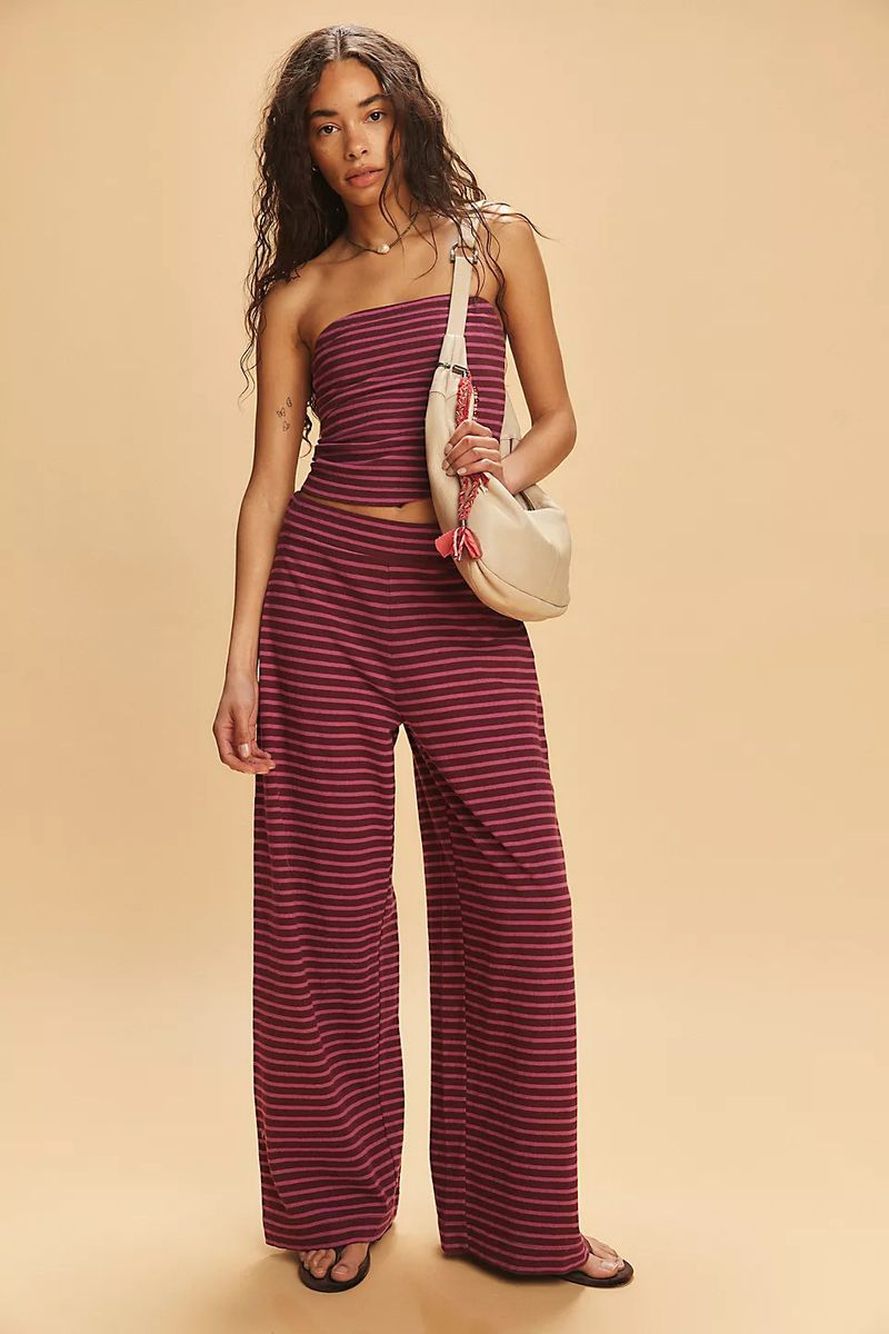 Sexy Slim Fit Casual Striped Color Block Tube Top Fashion Elastic Waist Long Pants Two-Piece Set_voghion.com