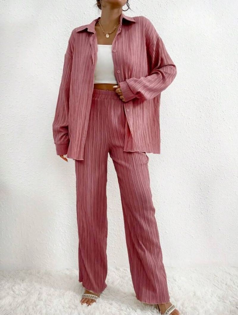 Ensemble deux pièces décontracté pour femmes européennes et américaines, couleur unie, drapé, ample, lisse, plissé, printemps et automne_voghion.com