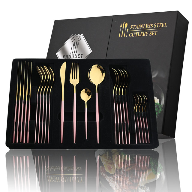 Set de tacâmuri aurite cu mâner negru, 24 buc, cuțit din oțel inoxidabil, furculiță, linguriță, set de tacâmuri, pentru festival, pentru bucătărie, cadou_voghion.com