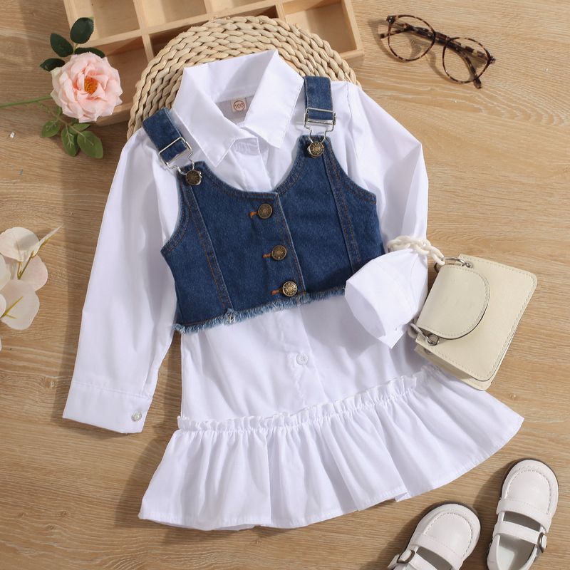 Gonna a camicia con risvolto per bambini primaverili e autunnali Abito con volant per bambina Gilet di jeans Set di due pezzi_voghion.com