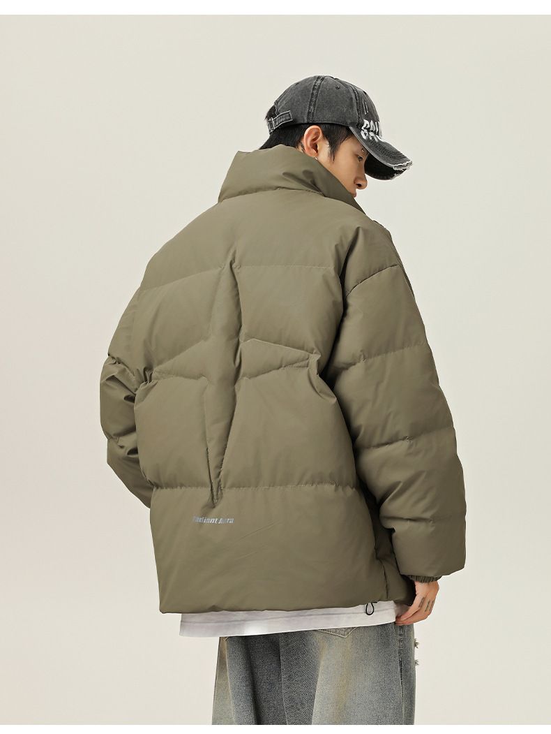 Men's Retro Stand Collar Puffer Jacket, Water-Resistant Quilted Coat With Adjustable Hem For Winter (Black/Olive/Beige)_voghion.com