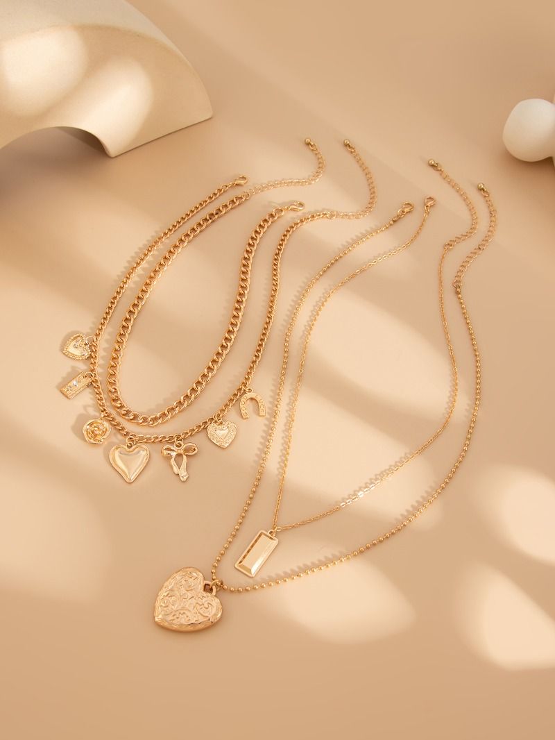 Set di collane a strati in oro da donna, 3 stili, collane con ciondolo a cuore in stile boho, spiaggia, western e vintage, collezione di gioielli multifilo._voghion.com