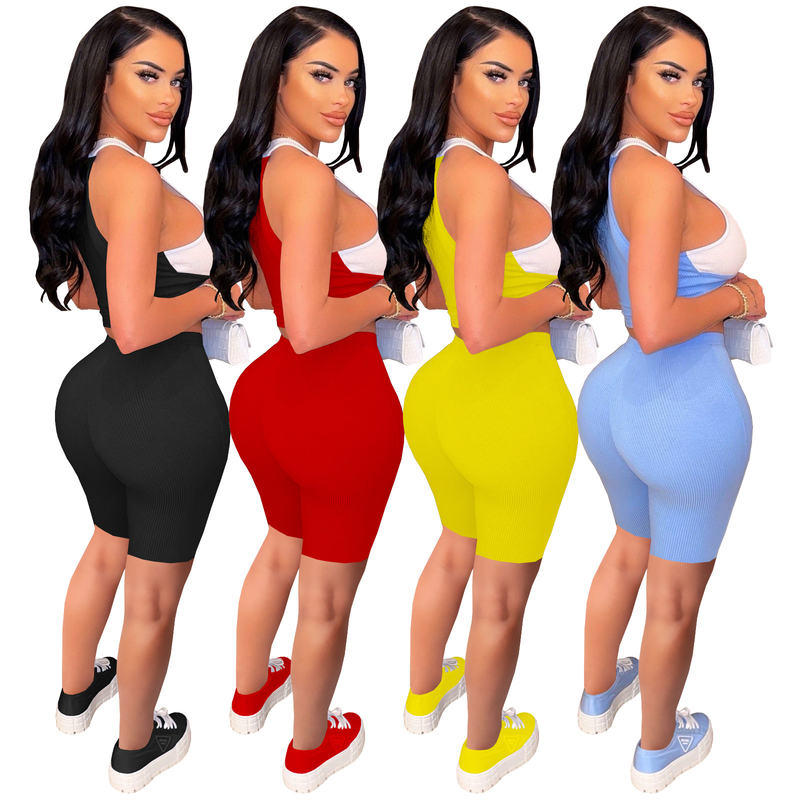 Frauen Sommer Neue Mode Lässig Sexy Feste Nähte Rippe Stricken Pit Streifen Zwei-stück Set_voghion.com