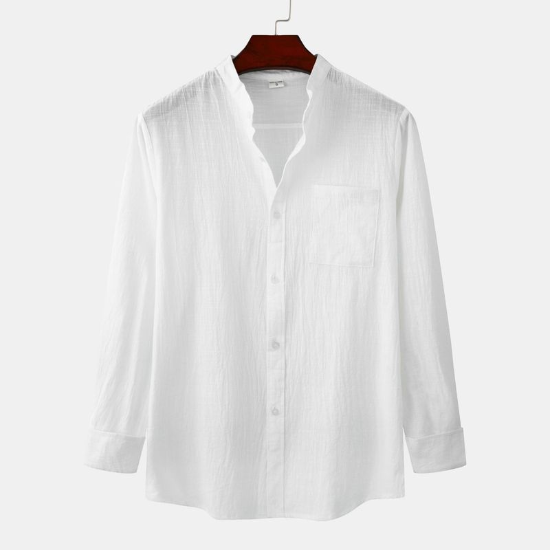 Camicia da uomo ampia a maniche lunghe in cardigan con colletto alla coreana in lino tinta unita_voghion.com