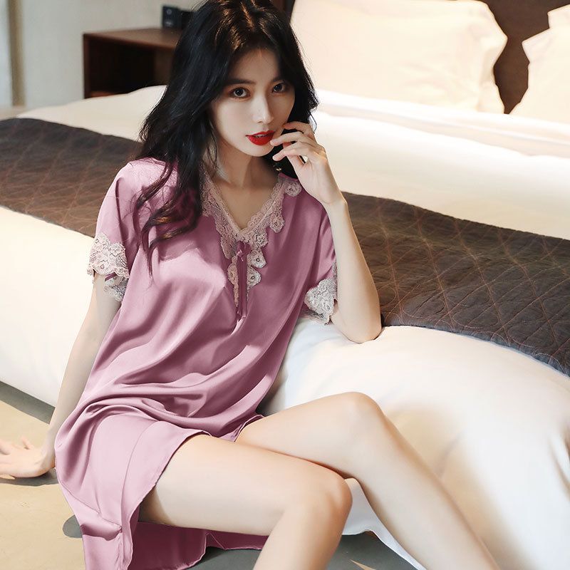 Ladies' Summer Ice Silk Lace Nightgown | European And Korean Loose Fit Short Sleeved Plus Size Comfortable Home Style_voghion.com