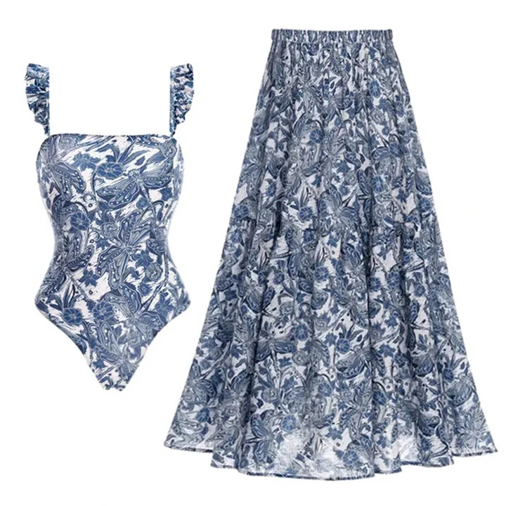 Maillot de bain femme bleu à volants et jupe parapluie amovible motif libellule_voghion.com