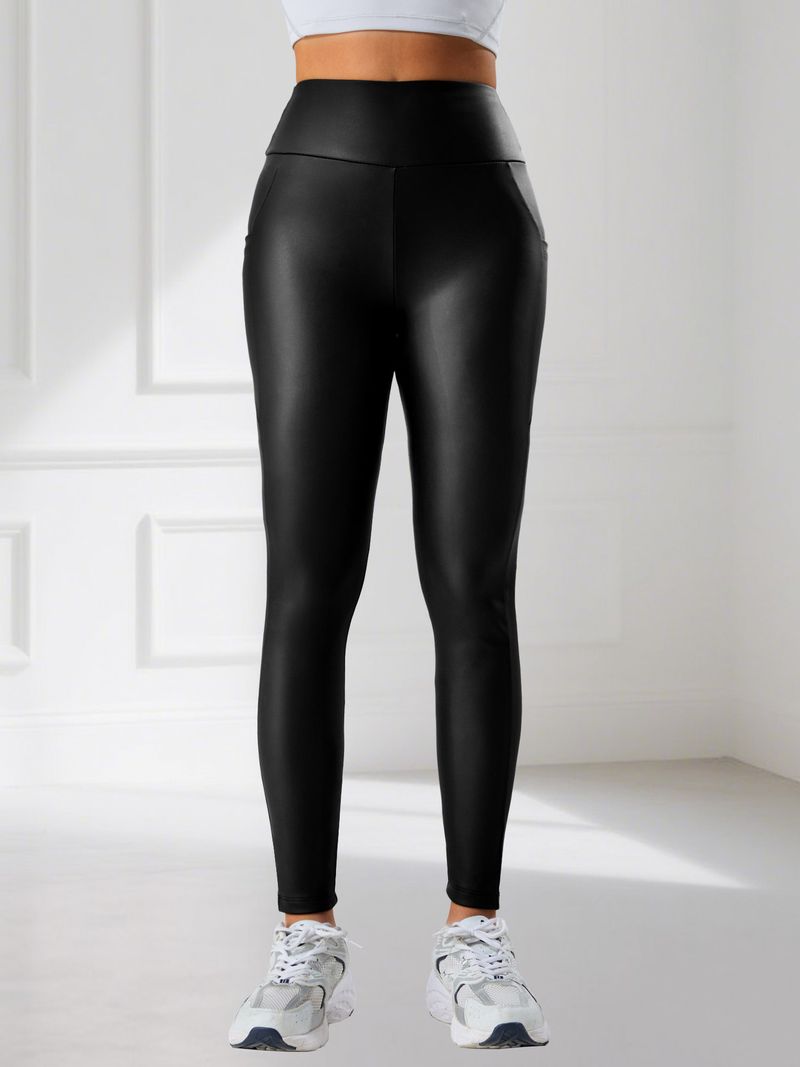 Leggings in pelle PU da donna – Pantaloni da yoga a vita alta con fodera in pile e tasche | Pantaloni elastici per palestra e corsa (neri)_voghion.com
