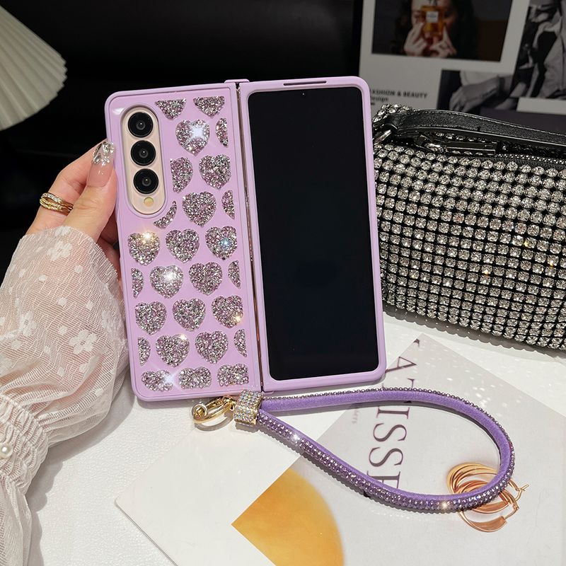 For Samsung Galaxy Z Fold 3 4 5 W22 W23 W24 Luxury Diamond Heart Strap Chain Phone Case Cover_voghion.com