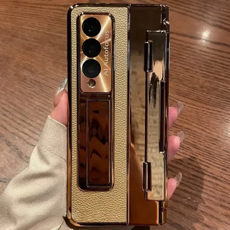 Plating Gloss Leathe Phone Case Fo Samsung Galaxy Z Fold 7 6 5 4 3 Hinge Desktop Kickstand Anti-Dop Potect Back_voghion.com