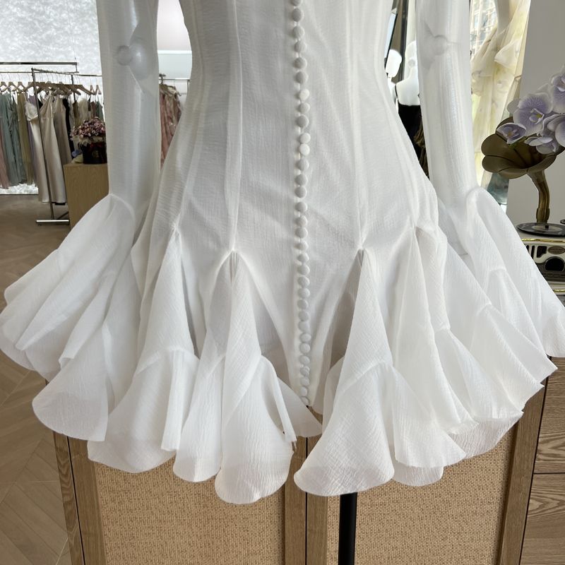 Damenbekleidung Nische Flower Fairy Bud Buttoned Slim Dress Sweet Salt Einzigartiges Design Einfarbig Kurz_voghion.com