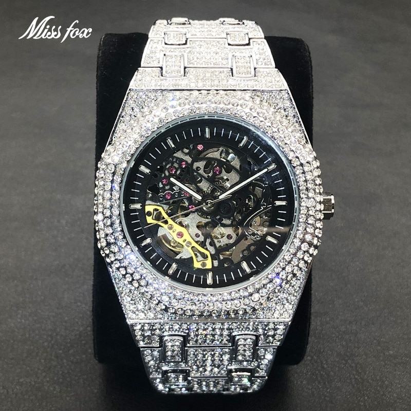 Men's watch, hip-hop style, luxurious, all diamond, silver module, Seton tourbillon, mechanical clock, fashionable_voghion.com