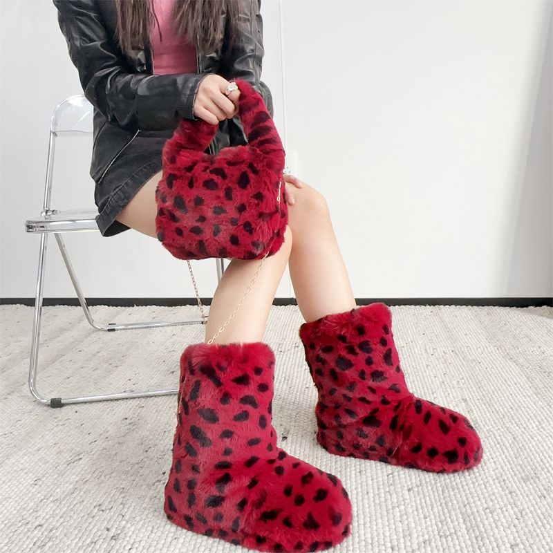 Faux Rabbit Fur Snow Boots For Women, Hot Girl Style Short Boots, Leopard Print Faux Fur Punk Y2k Trendy Cool Style Shoe And Bag Set_voghion.com