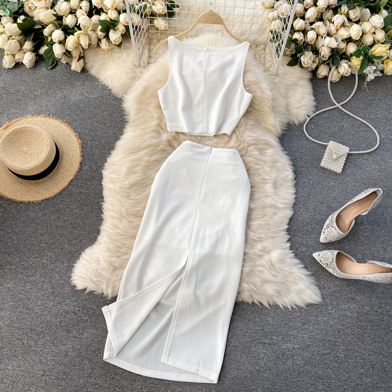 Ensemble de vêtements pour femmes, couleur unie, col rond, gilet, haut court, taille haute, hanche, jupe mi-longue, ensemble deux pièces pour femmes_voghion.com