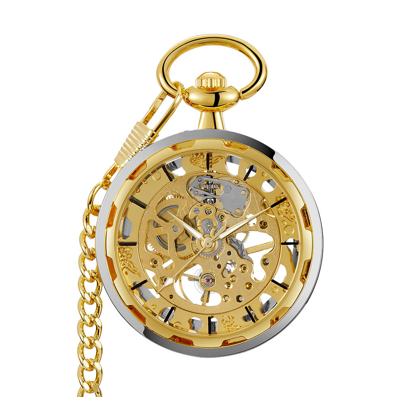 Hot Style Multi-color Skeleton No Cover Full Gold Manual Mechanical Pocket Watch_voghion.com