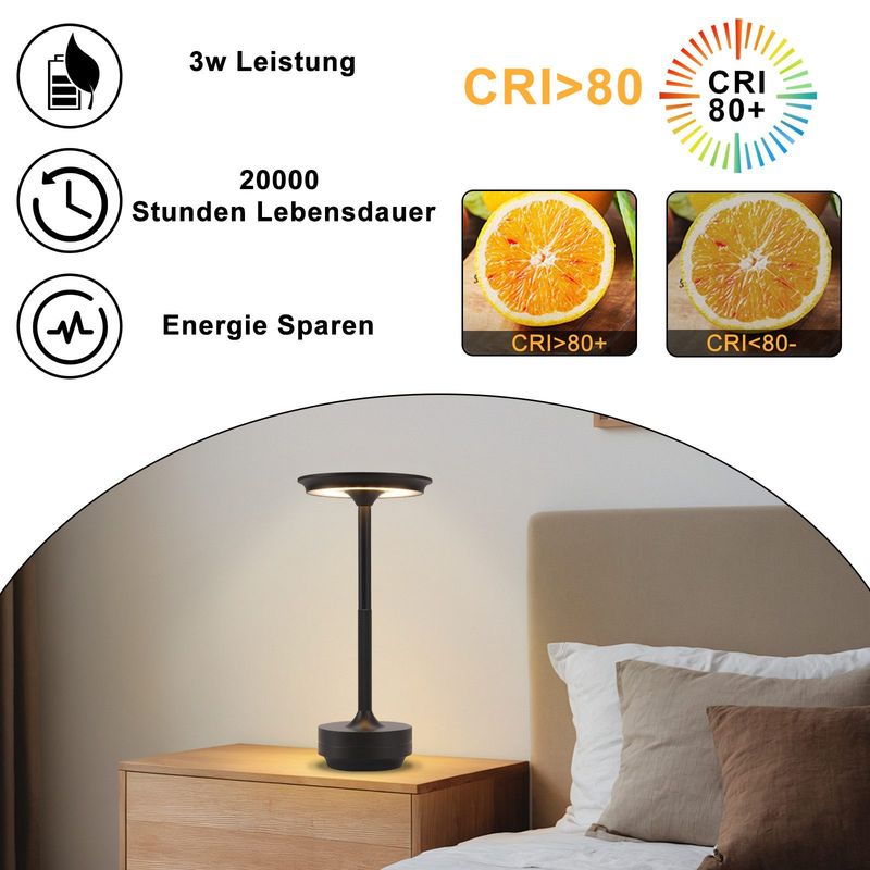 Glitzerlife Tischlampe Kabellos Nachttischlampe Akku - Moderne LED Tischleuchte Touch Dimmbar Lampe Mit USB Aufladbar Schwarz Batterie Tischlampen Für Kinderzimmer_voghion.com
