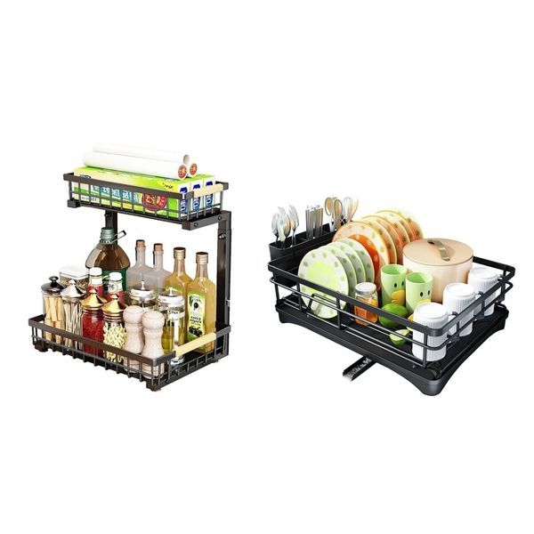 2 In Set Dish Drying Rack And Under Sink Organizer Rack, Large Dish Rack With Drainboard, 2 Tier Pull Out Cabinet Shelf For Kitchen Storage_voghion.com