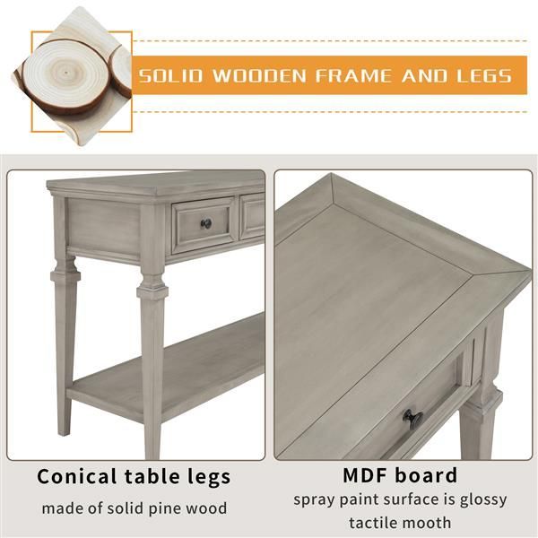 Classic Retro Style Console Table With Three Top Drawers And Open Style Bottom Shelf, Easy Assembly (Gray Wash)_voghion.com