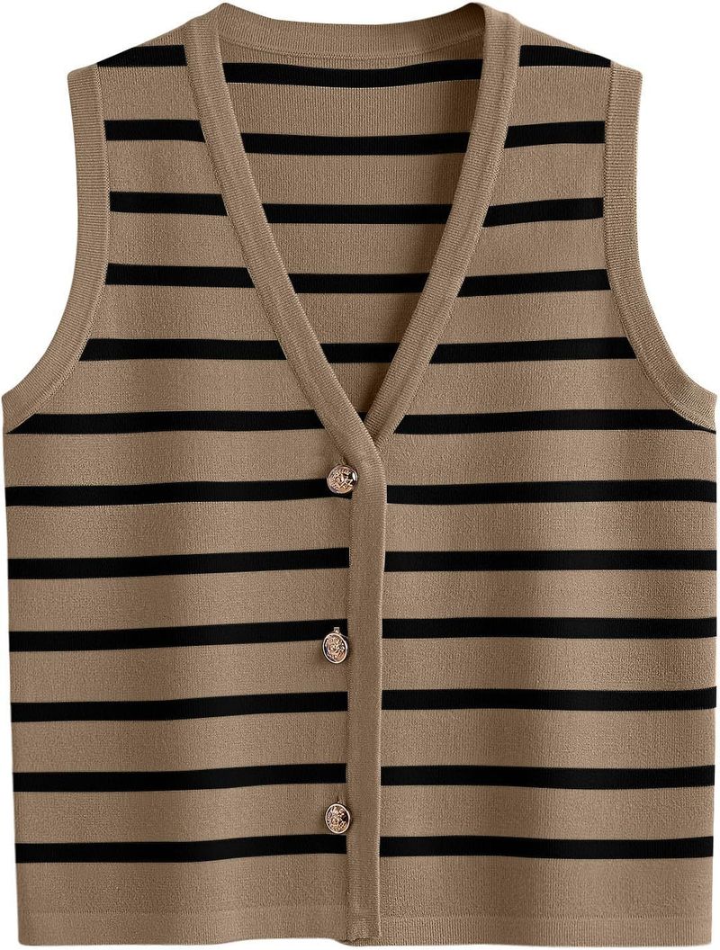 Canotta corta a righe con bottoni da donna - Canotta in maglia aperta sul davanti senza maniche in stile vintage_voghion.com