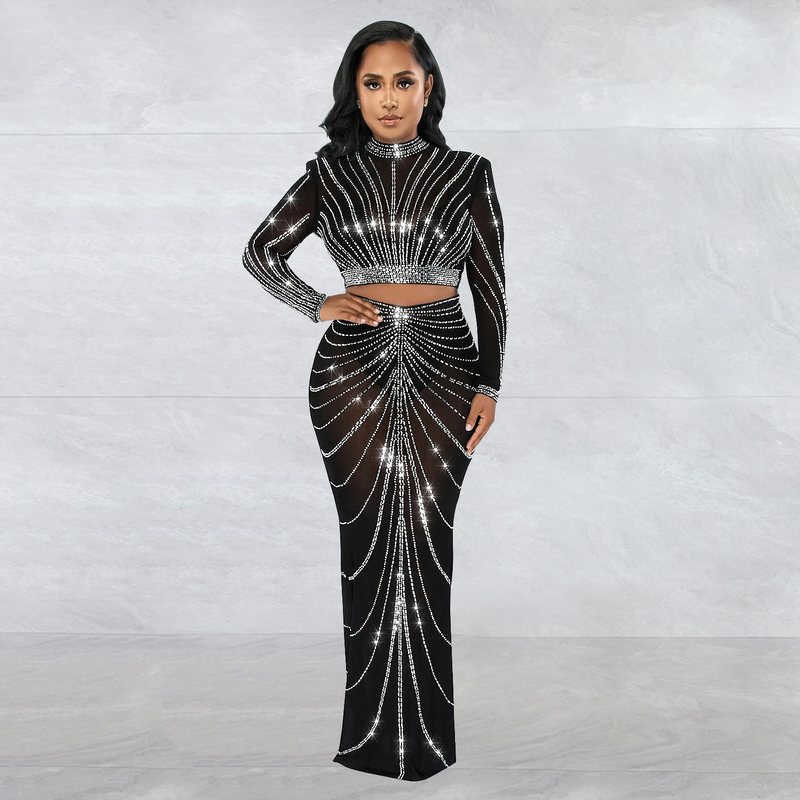 Kadın Giyim Mesh Mesh See Through Uzun Kollu Uzun Etek İki Parça Set_voghion.com