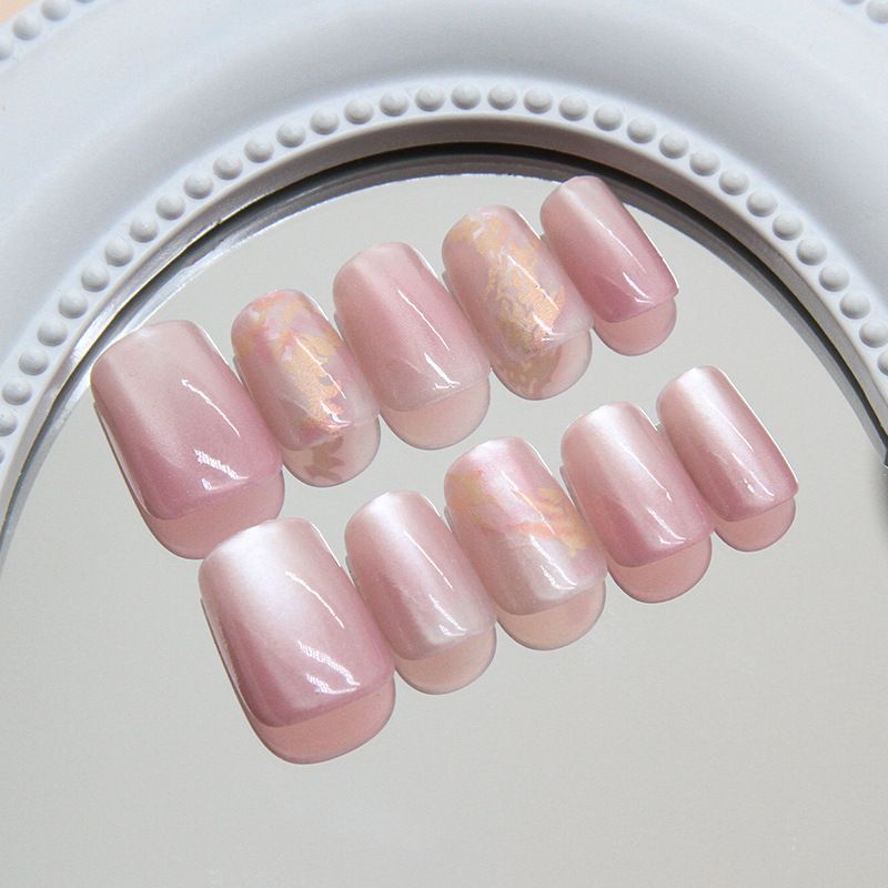 Künstliche Nägel, handgefertigt, vorgefertigtes Nagelpulver, weißer Farbverlauf, unregelmäßiges Gold, einfaches weißes Katzenauge, Nagelkunststück_voghion.com