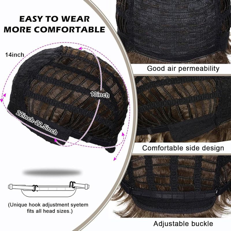 Perruques synthétiques à clipser populaires pour femmes, frange latérale duveteuse à la mode, perruques courtes bouclées noires et brunes_voghion.com