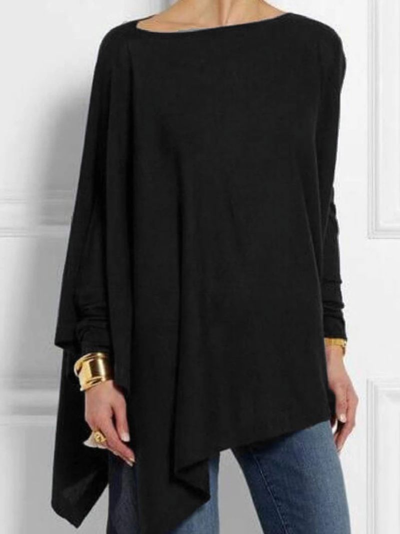 T-shirt pullover casual a maniche lunghe tinta unita irregolare da donna_voghion.com