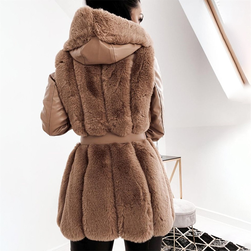 Women's Clothin New Fur Jacket Women Belt Hooded Solid Color Zipper Jacket Jacket _voghion.com