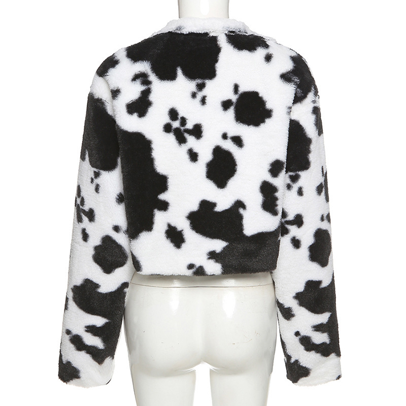 Women's autumn and winter new black and white polka dot plush loose coat women stand collar_voghion.com