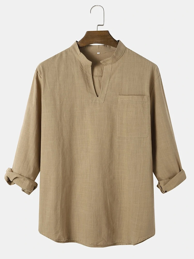 Unbeatable Quality 2025 Spring And Autumn Men's Casual Small V-neck Solid Color Long Sleeved Cotton Shirt_voghion.com