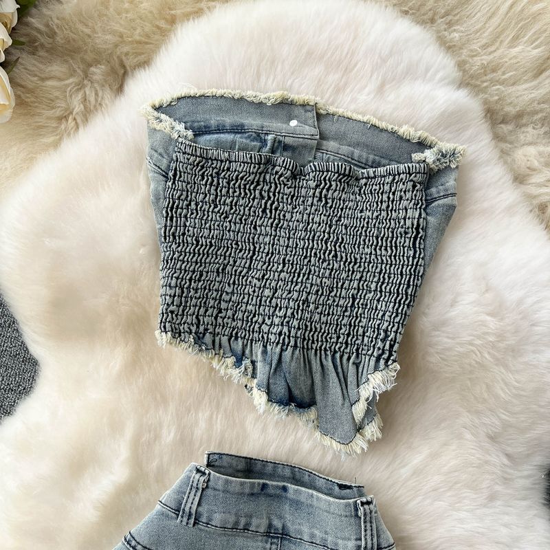 Damenbekleidung Design Jeansanzug Pure Desire Hot Girl Unregelmäßiges kurzes Tube-Top Weste Hohe Taille Geteilter Rock_voghion.com
