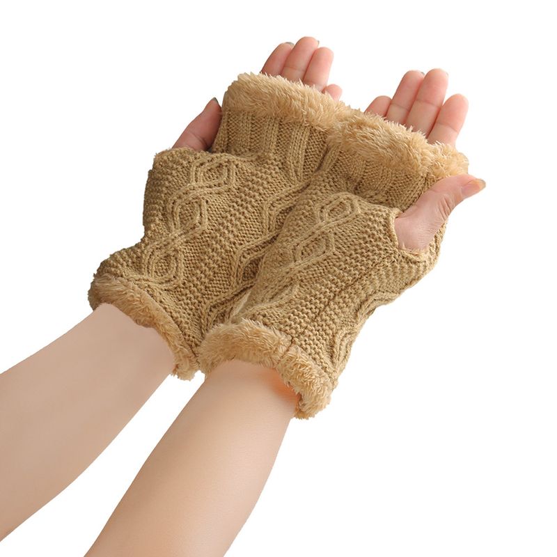 Warm Plush With Fleece Anti Cold Knitted Gloves, Wrist Protection For Autumn And Winter, Exposed Fingers, Yarn_voghion.com