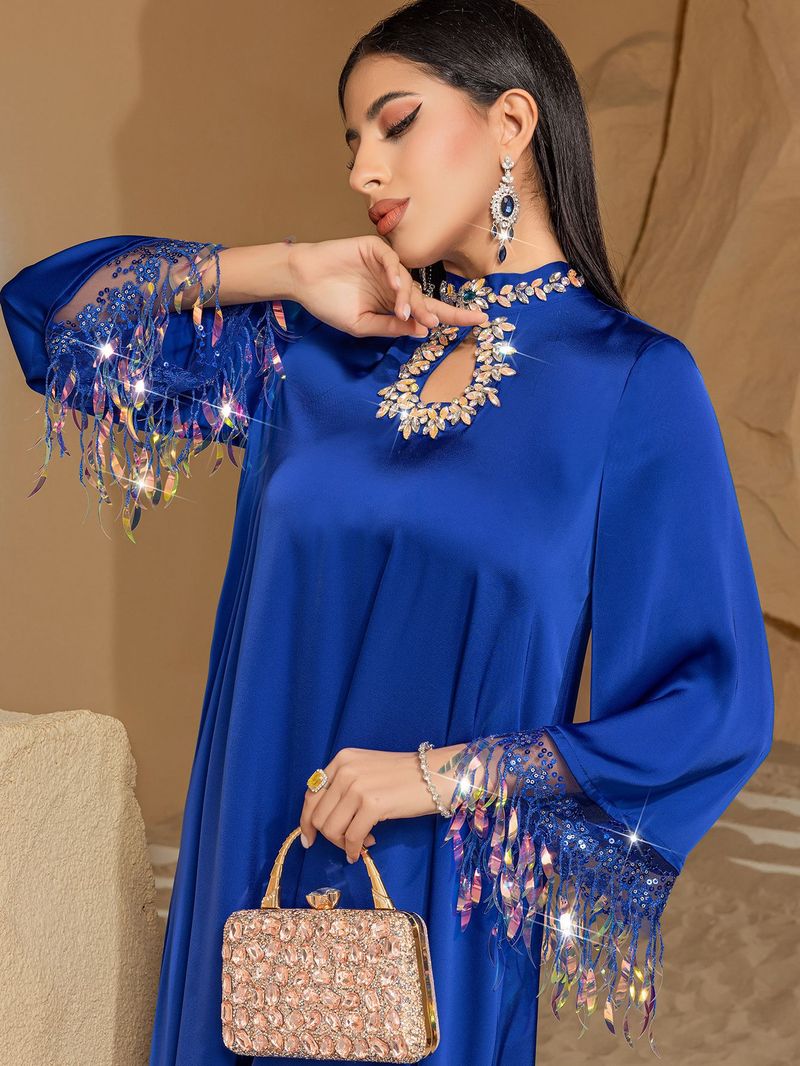 BA3147 Blue Iridescent Laser Gradient Tassel Abaya Long Dress_voghion.com