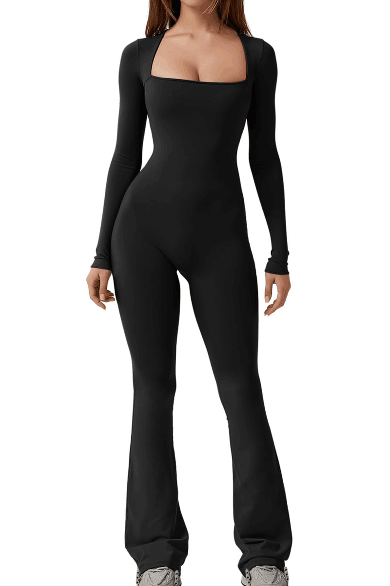 Women's long-sleeved tummy-controlling waist-raising hip-raising square-neck wide-leg high-elastic jumpsuit_voghion.com
