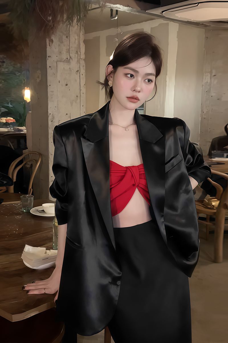Blazer in raso di piccole dimensioni in acetato nero di alta qualità per donna, primavera e autunno 2025, con design sensato_voghion.com