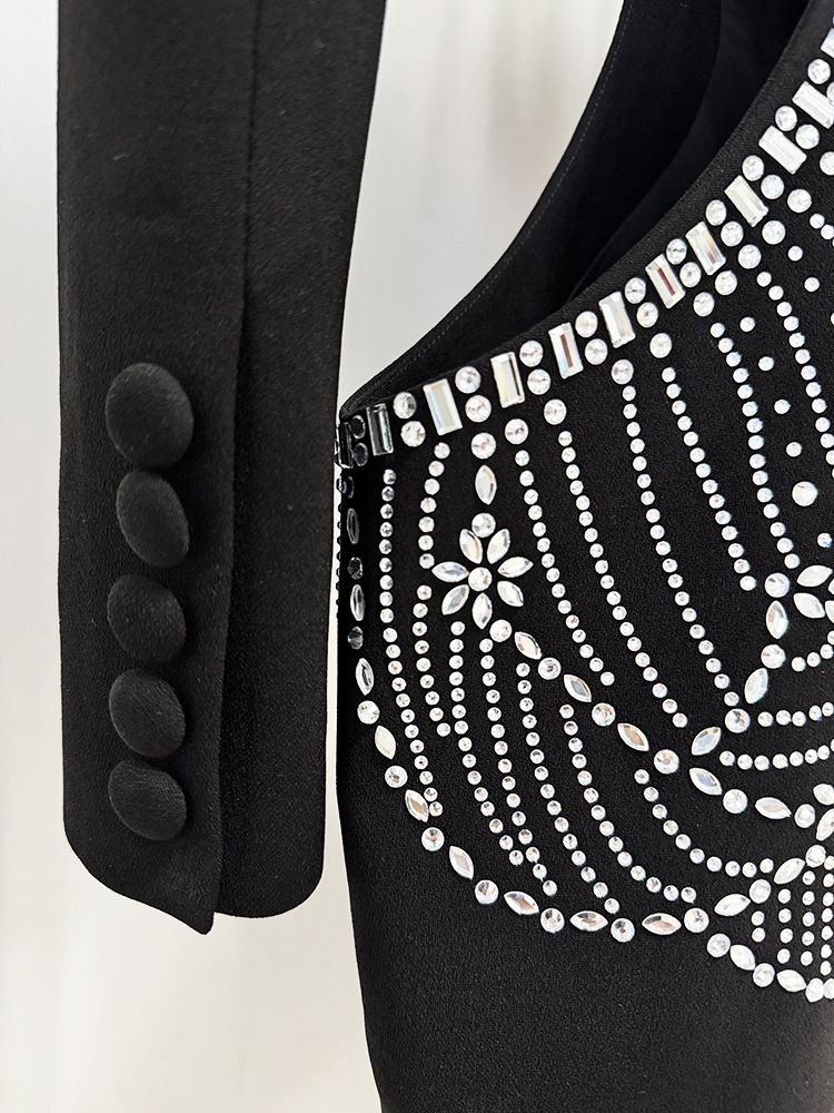 Ensemble élégant blazer et pantalon à strass ajourés pour femme - Tenue deux pièces tendance pour soirée et bal_voghion.com