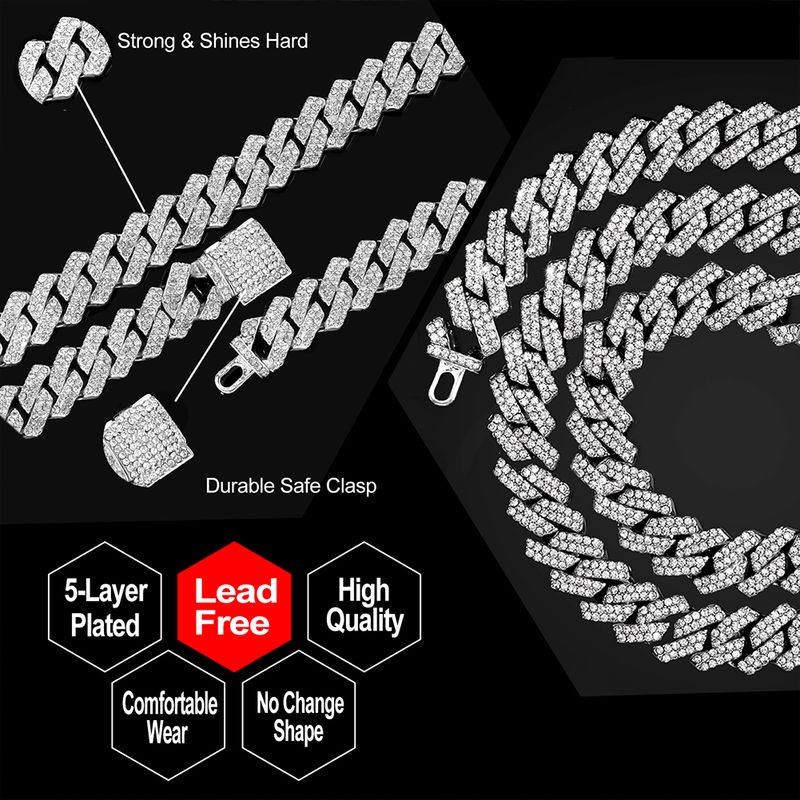 2025 New Arrivals Hip Hop 14MM Prong Link Necklace & Bracelet Iced Out Bling Cuban Chain Rhinestone Chains For Men Punk Rapper Jewelry_voghion.com