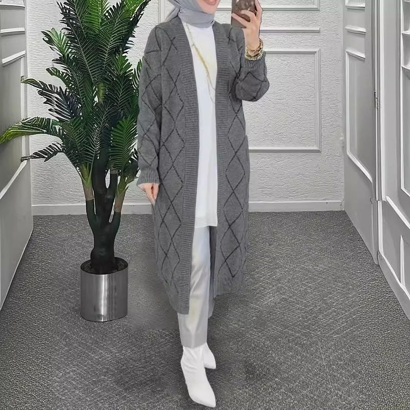 Modest Longline Cardigan For Muslim Women – Elegant Diamond Knit Open Front Cover-Up, Breathable Polyester Blend, Oversized Length (100cm+), Grey/Blue_voghion.com
