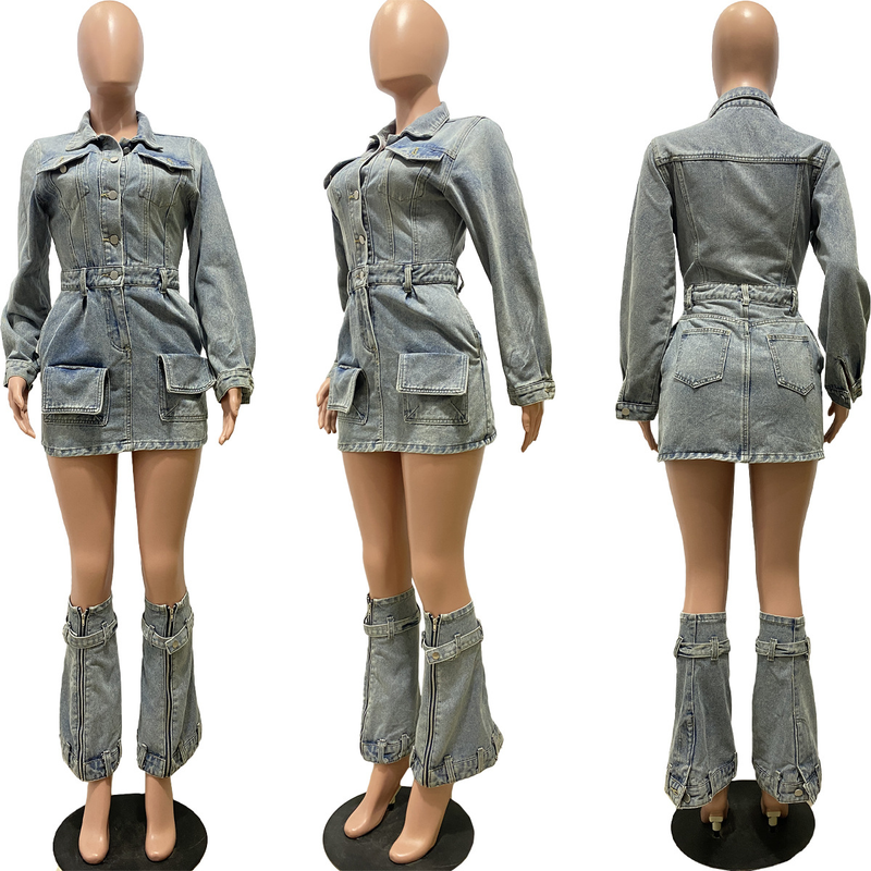 Women's multi-pocket washed denim dress three-piece set with pant legs_voghion.com