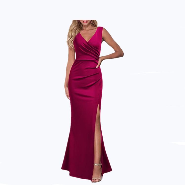 Women's Clothing V Neck Slit Evening Dress Cocktail Long Dress_voghion.com