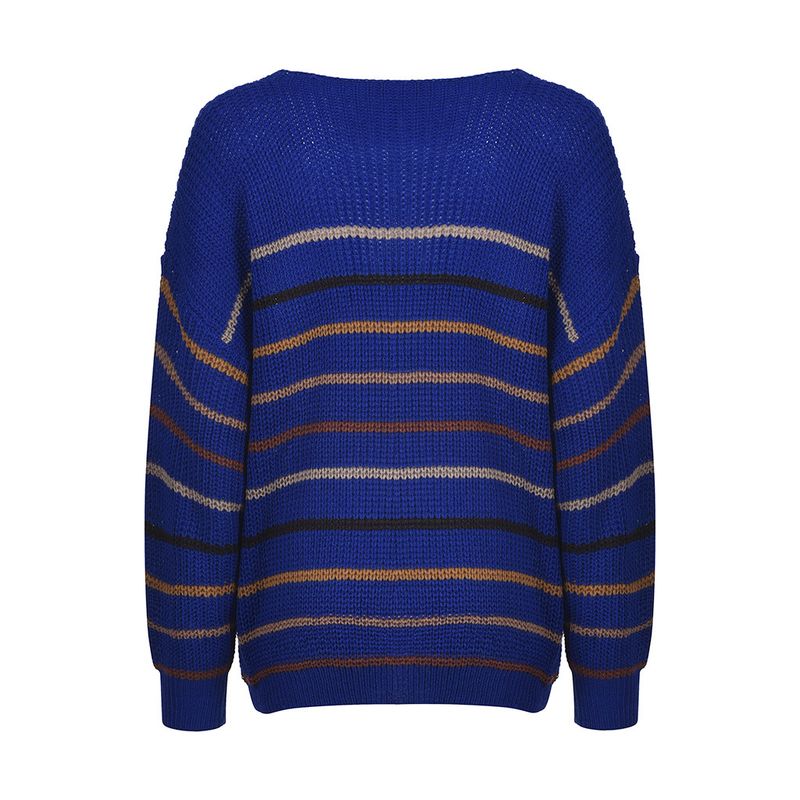 Maglione casual ampio lavorato a maglia con scollo a V a righe autunno inverno 2024 da donna_voghion.com