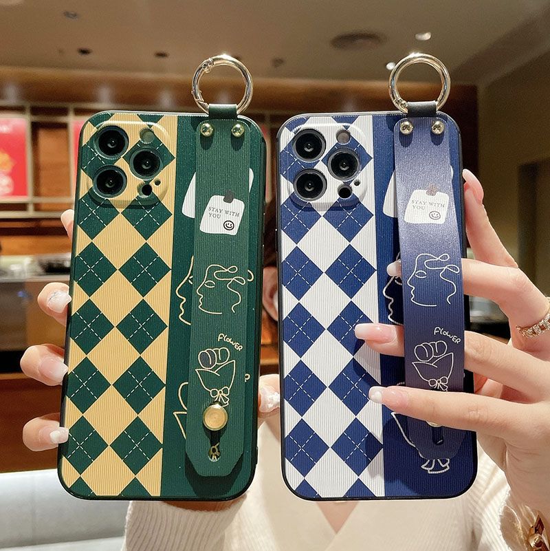 Zachte TPU polsbandhoes voor iPhone 16, 15, 14, 13, 12, 11 Pro, X, Xs, Max, XR, 16E, 7, 8 Plus, rasterpatroon, handheld telefoonhoesje_voghion.com
